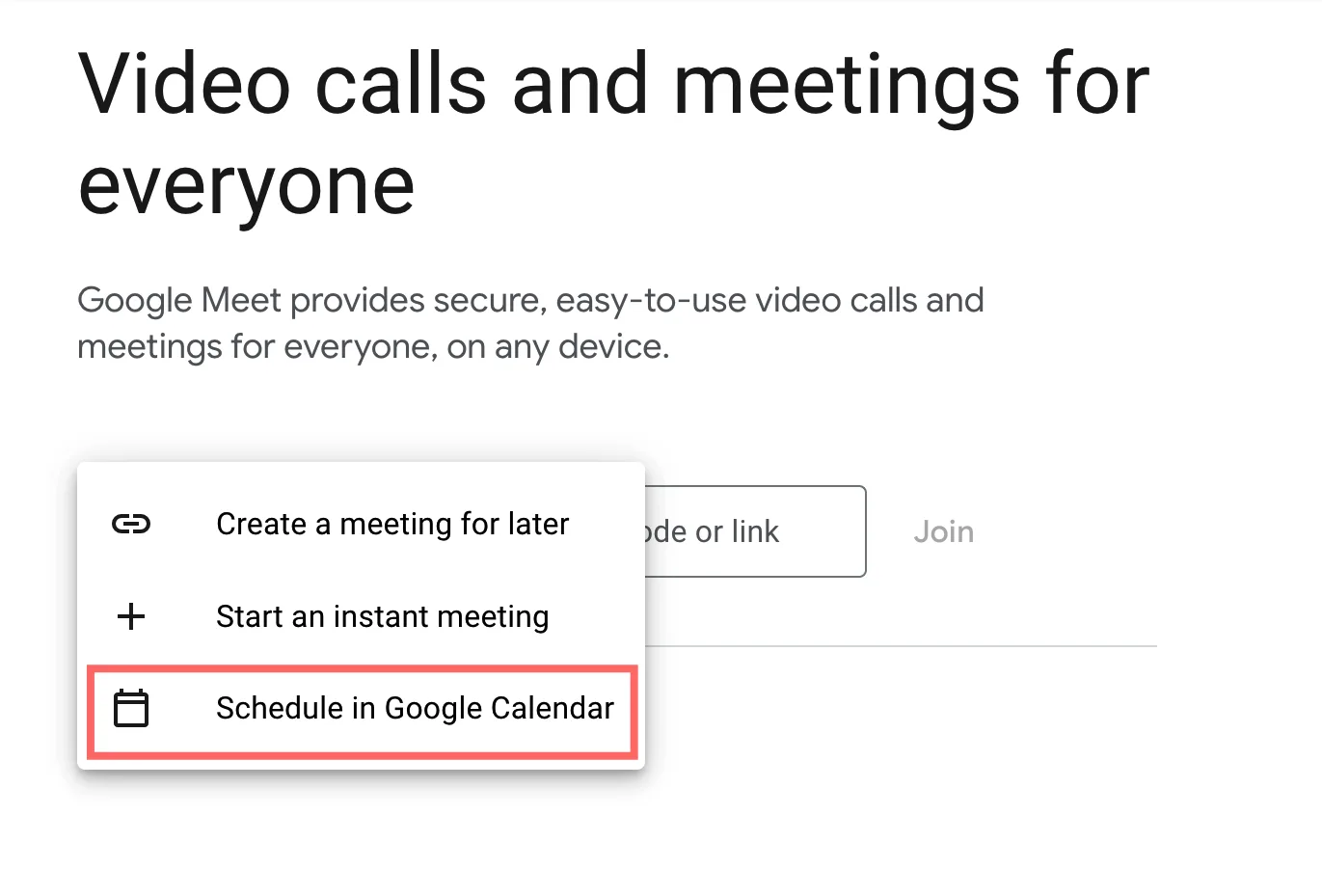 New meeting menu with Schedule in Google Calendar highlighted