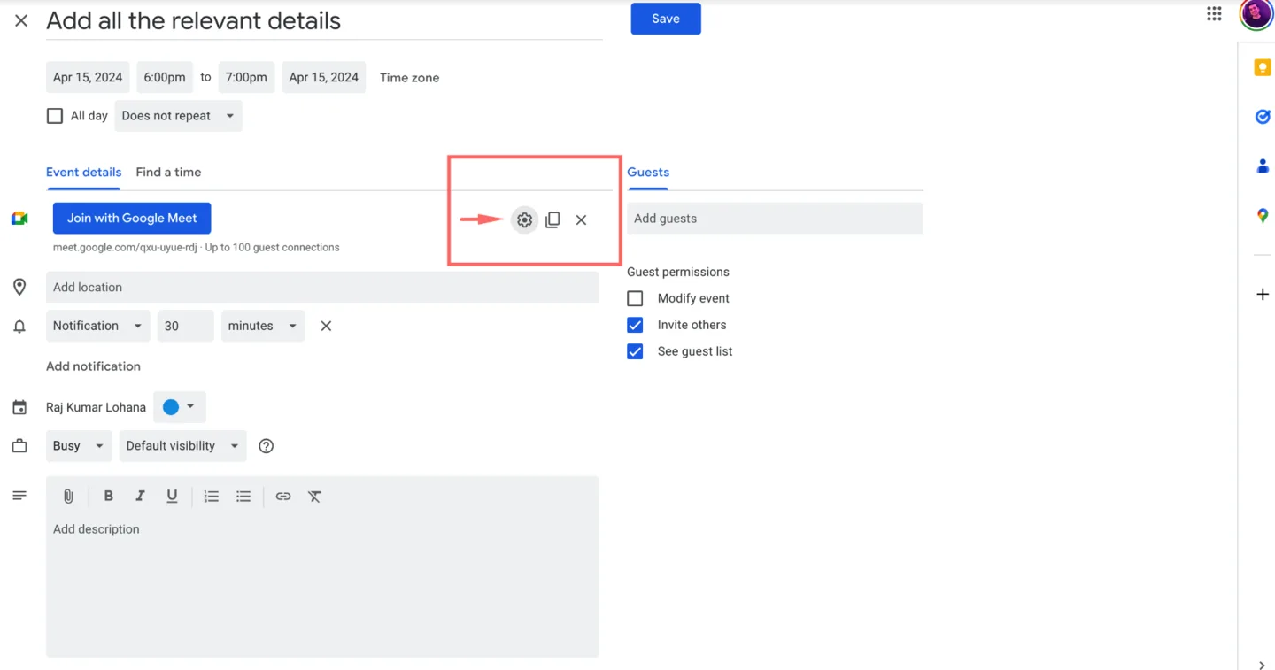 Google Calendar event editor with the Google Meet settings gear icon highlighted