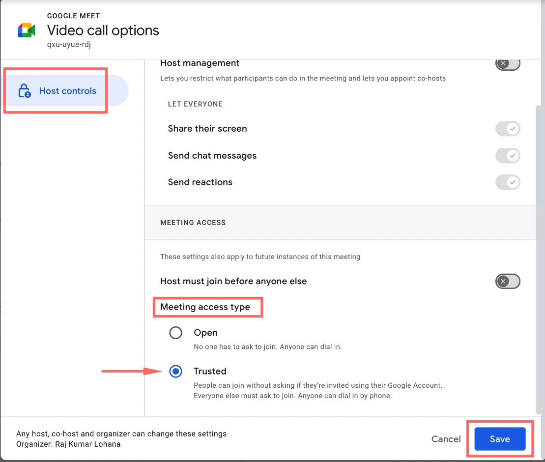Google Meet host controls with meeting access type set to Trusted and Save highlighted