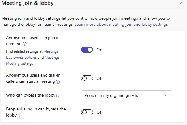 Teams admin center Meeting join and lobby policy settings including who can bypass the lobby