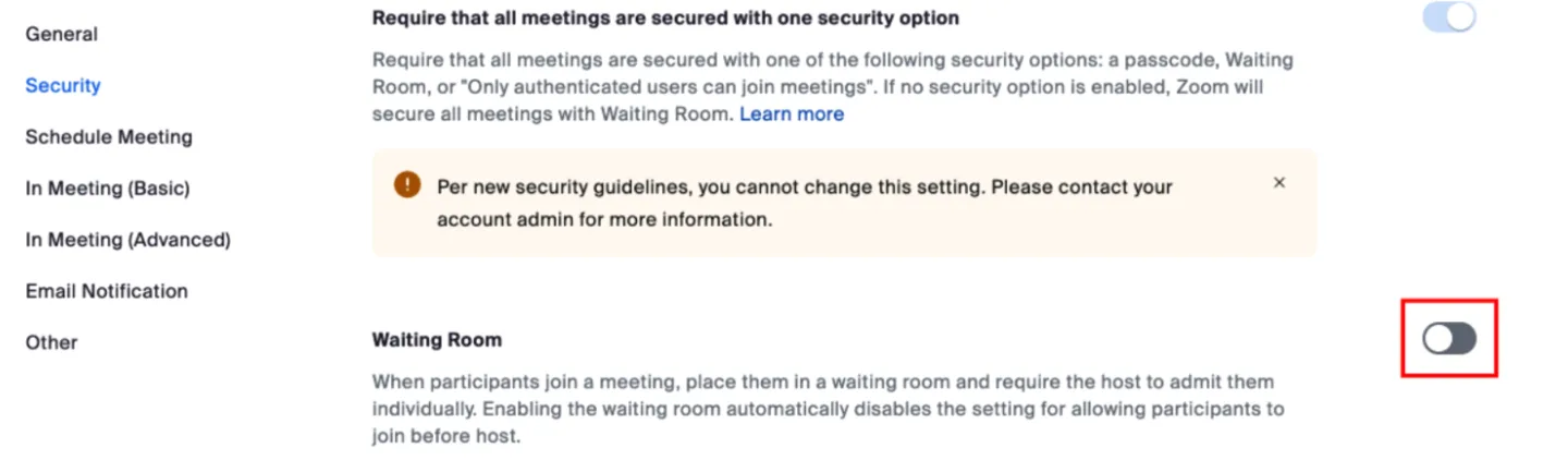 Zoom security settings with the Waiting Room toggle highlighted