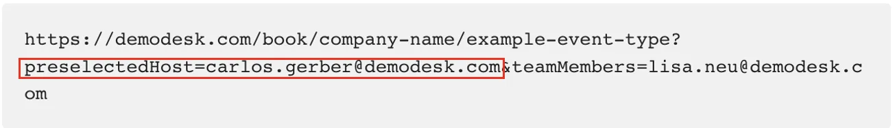 Booking URL with the preselectedHost parameter highlighted
