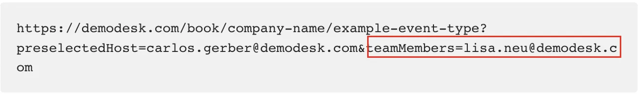 Booking URL with the teamMembers parameter highlighted
