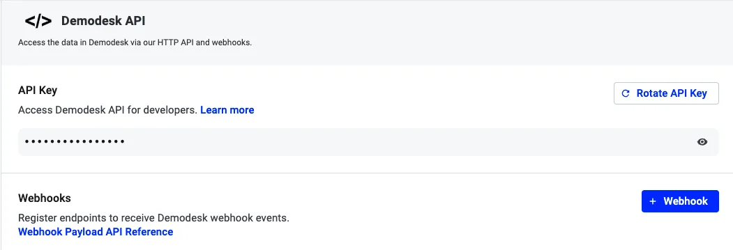 Demodesk API section showing the masked API key above a Webhooks area with an Add Webhook button