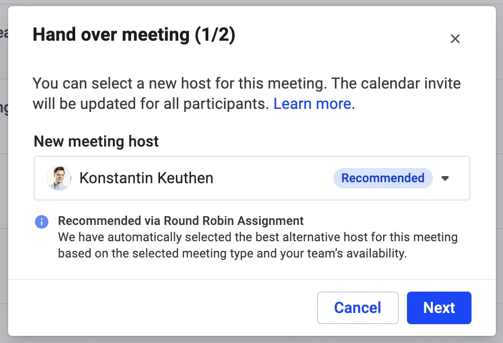 Hand over meeting dialog showing a recommended new host chosen via Round Robin assignment