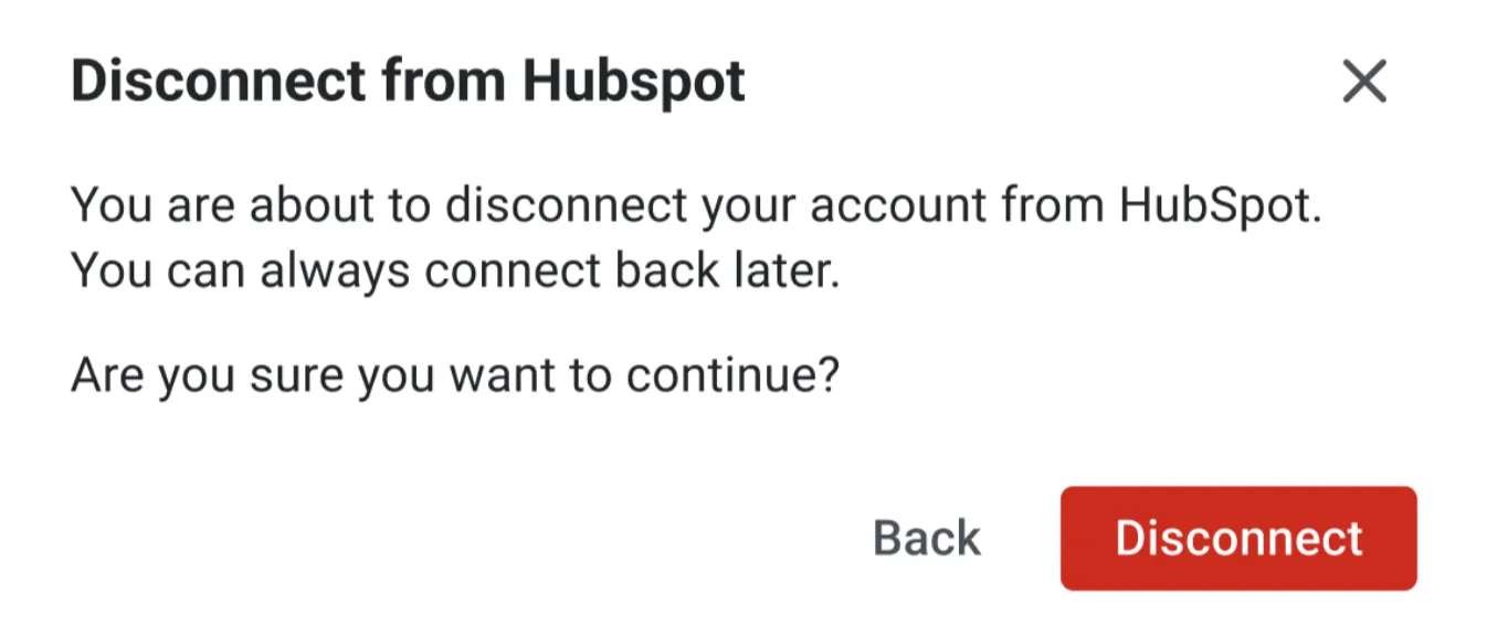Individual user disconnect from HubSpot confirmation dialog