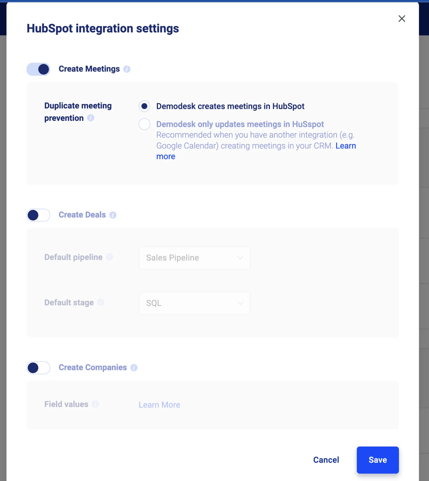 HubSpot integration settings dialog showing Create Meetings, Create Deals, and Create Companies toggles