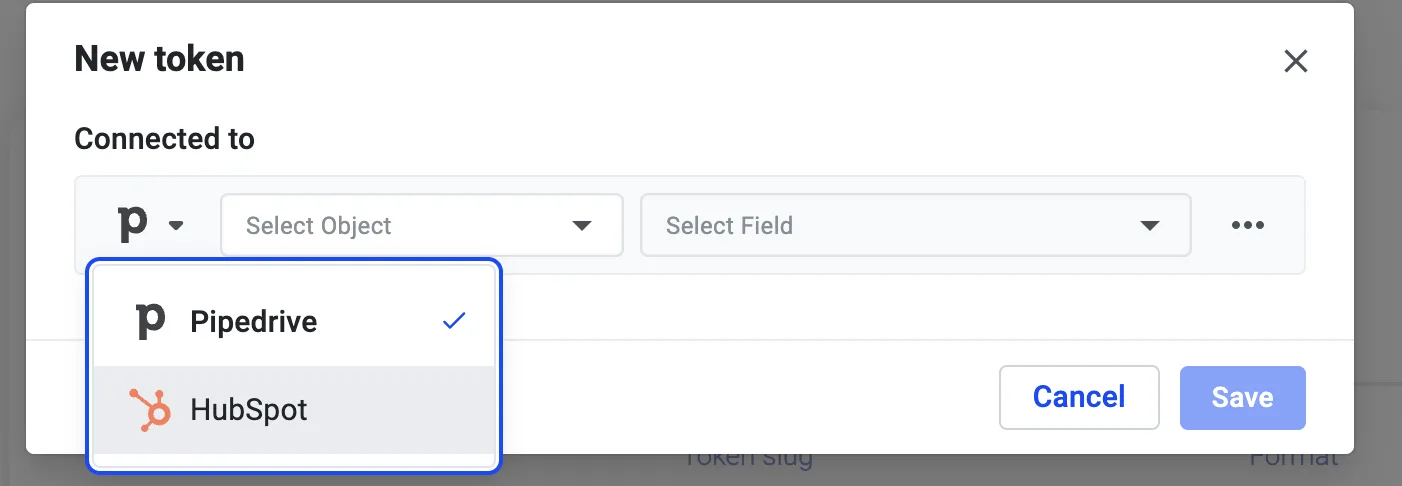 New token dialog with the connected CRM dropdown open, choosing between Pipedrive and HubSpot