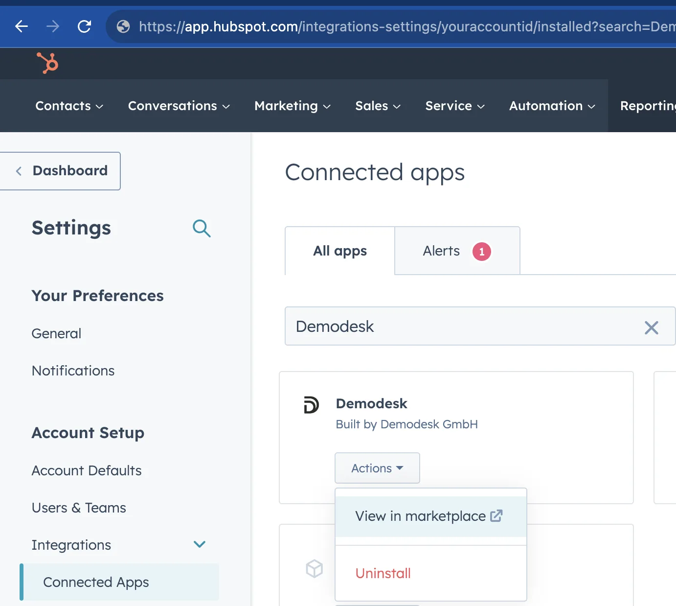 HubSpot Connected apps page with the Demodesk app's Actions menu open showing the Uninstall option