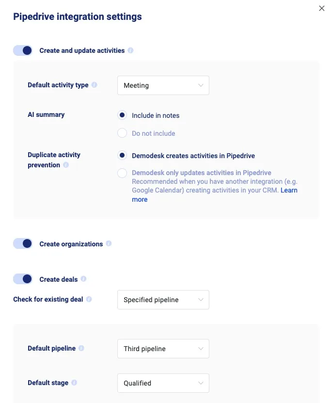 Pipedrive integration settings with activity type, AI summary, and duplicate activity prevention options