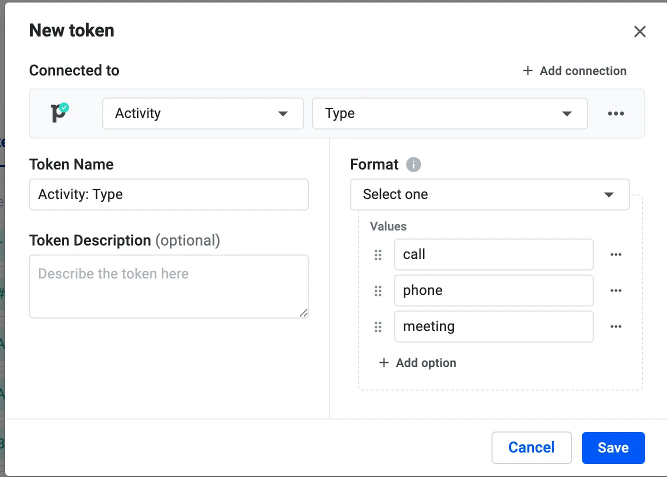 New token dialog connected to the Pipedrive Activity Type field with call, phone, and meeting values