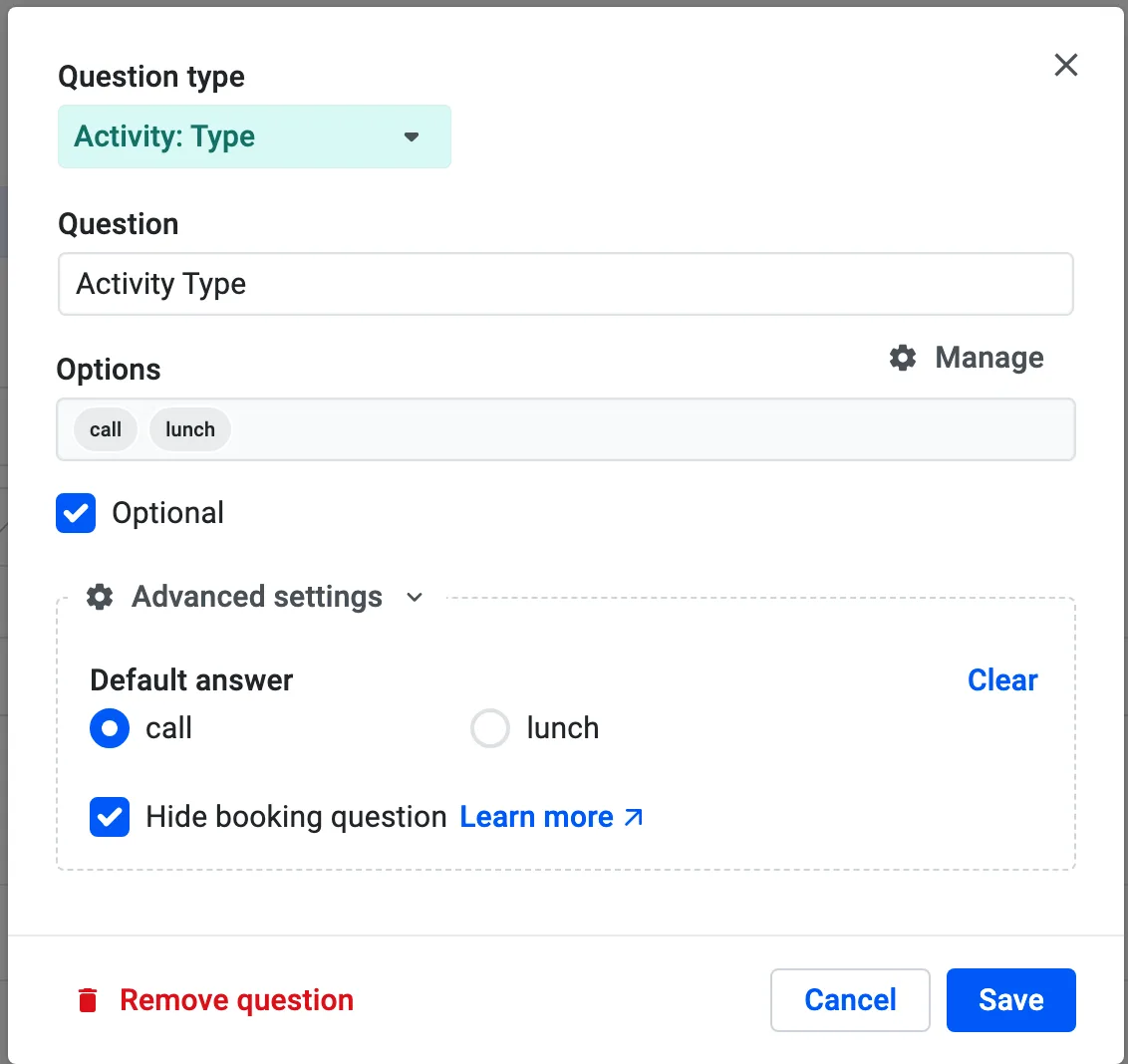 Booking question set to the Activity Type token with a default answer and hidden booking question checked