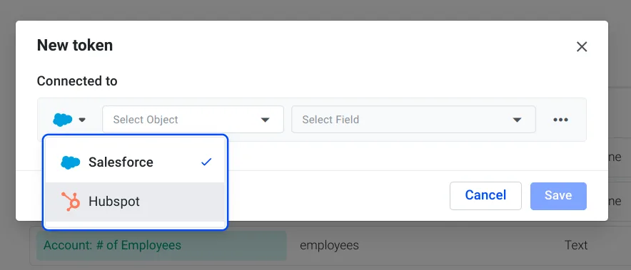 New token dialog with the CRM dropdown open to choose between Salesforce and Hubspot