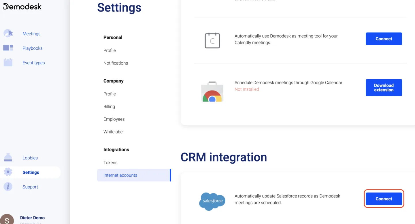 Salesforce-Kachel in den Internet-Account-Einstellungen mit hervorgehobenem Connect-Button