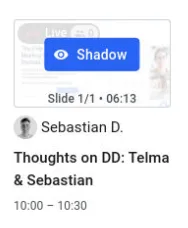 Live meeting tile with a Shadow button to join and observe an ongoing call
