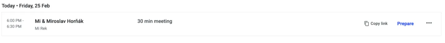 Upcoming meeting row in the dashboard with the Prepare link next to Copy link