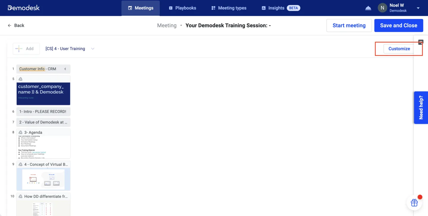 Meeting prep screen with the Customize button highlighted above the Playbook's slide list