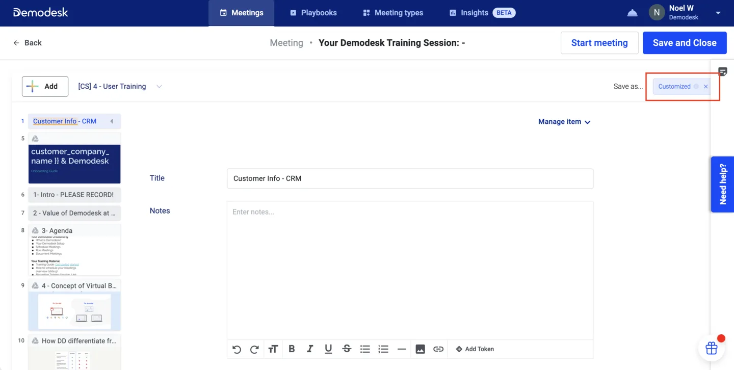 Playbook item editor showing a Customized tag confirming the meeting's copy has been modified