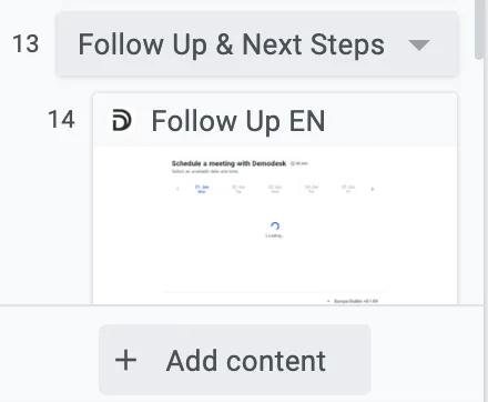 Playbook sidebar section with a Follow Up slide and the Add content button below it
