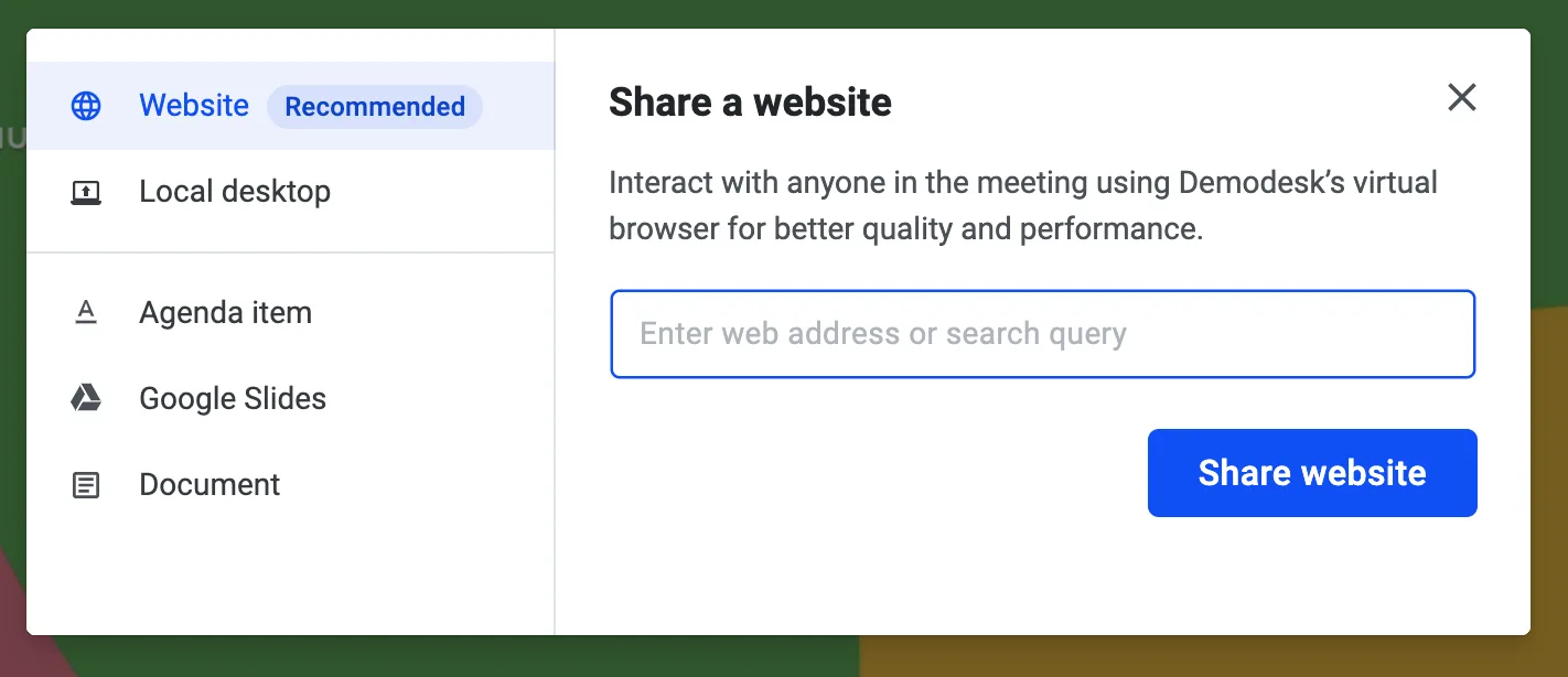 Add content dialog for sharing a website during a meeting, with Website marked Recommended