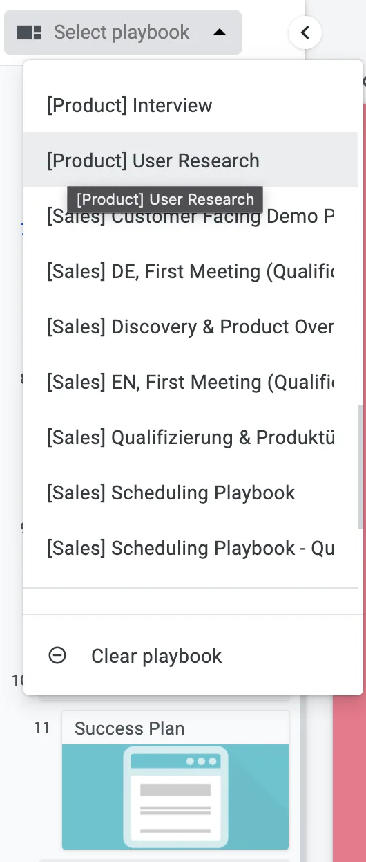 Select playbook dropdown listing available templates to swap the whole Playbook mid-meeting