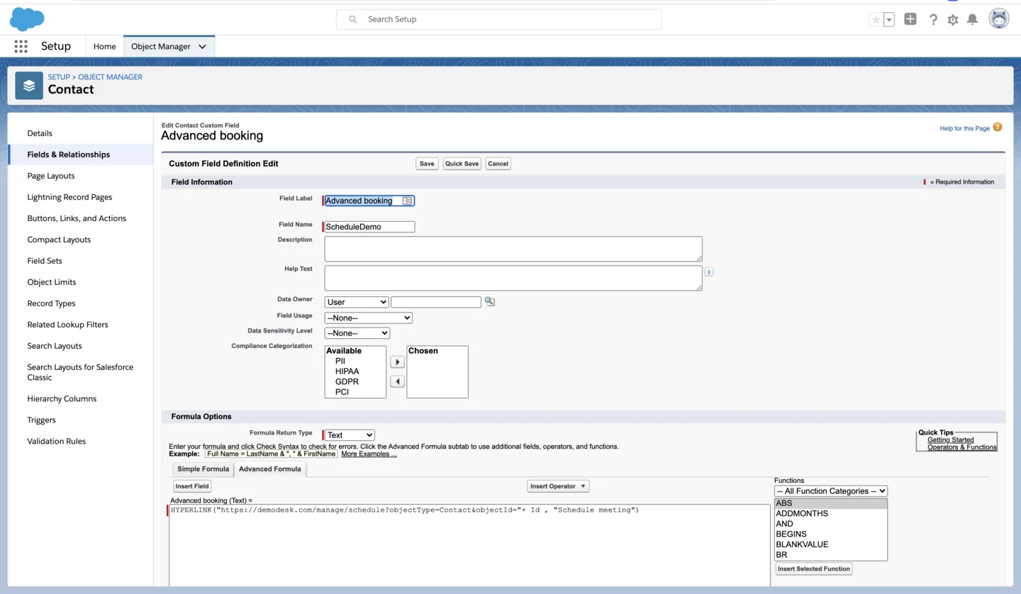 Salesforce custom field editor with the Advanced booking HYPERLINK formula for scheduling