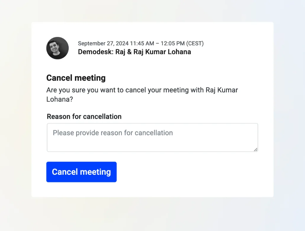 Cancel meeting page with a reason field and the Cancel meeting button