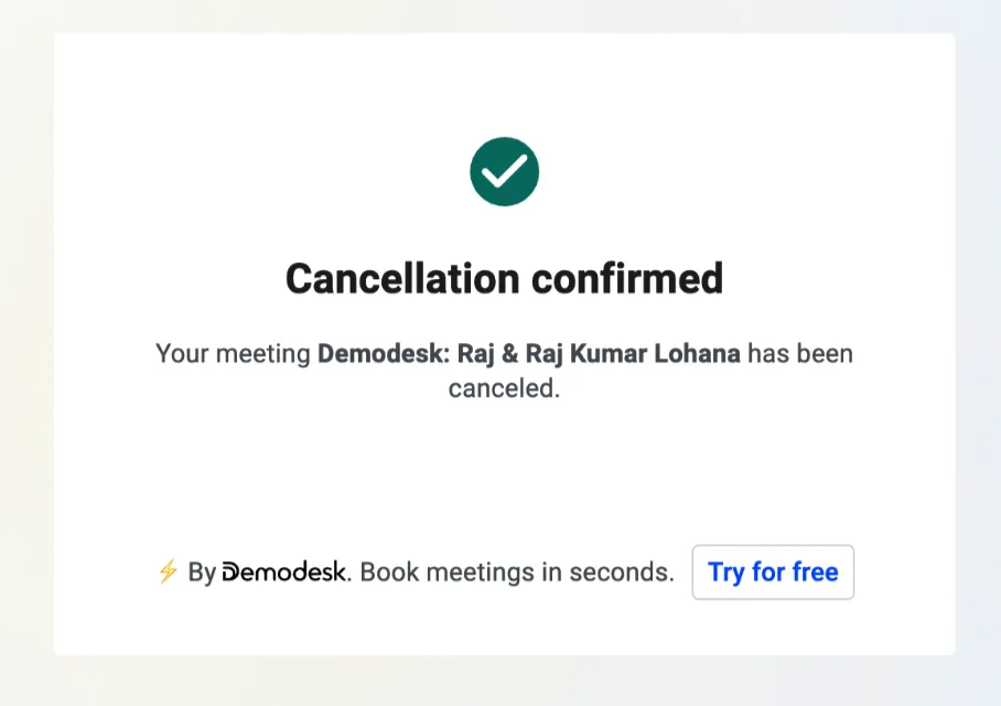 Cancellation confirmed page showing the meeting has been canceled