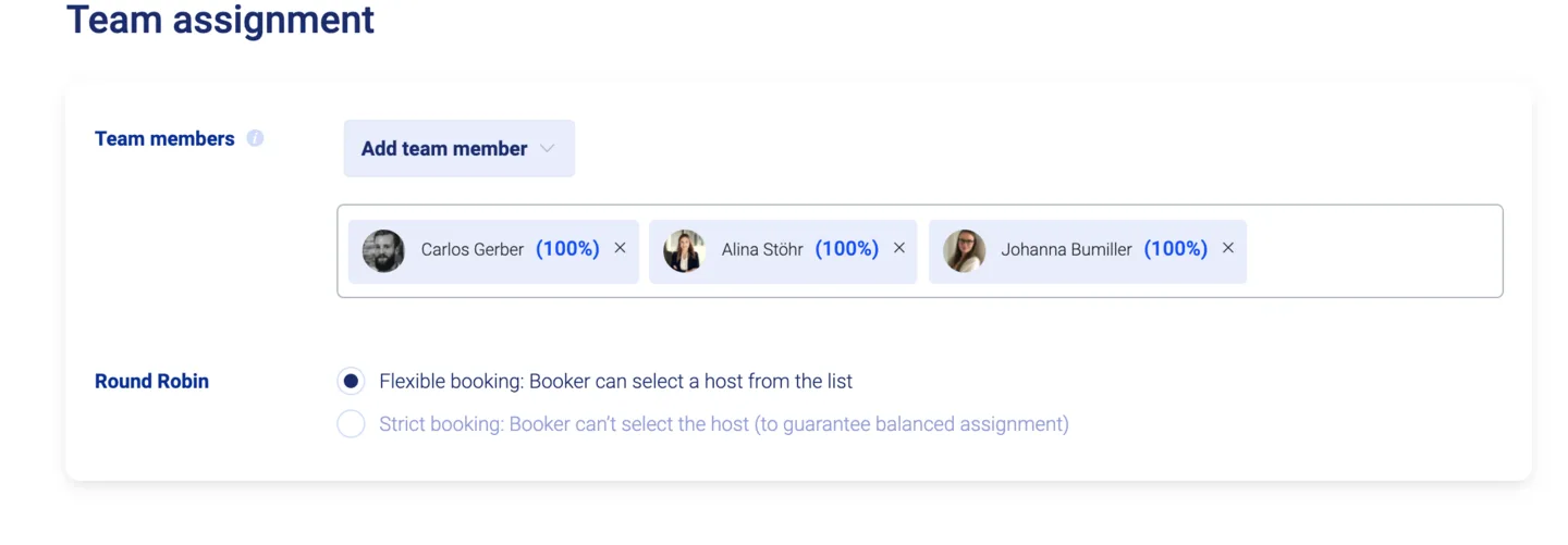 Team assignment with three team members added and flexible Round Robin booking selected