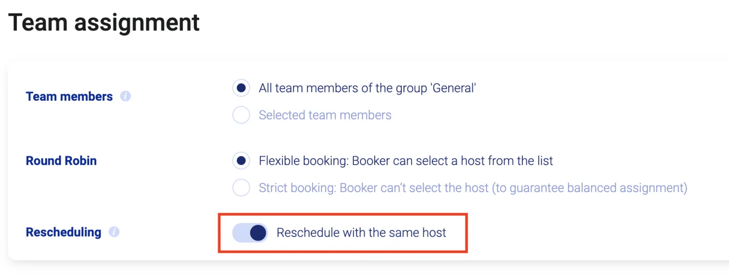 Team assignment with Reschedule with the same host toggle highlighted