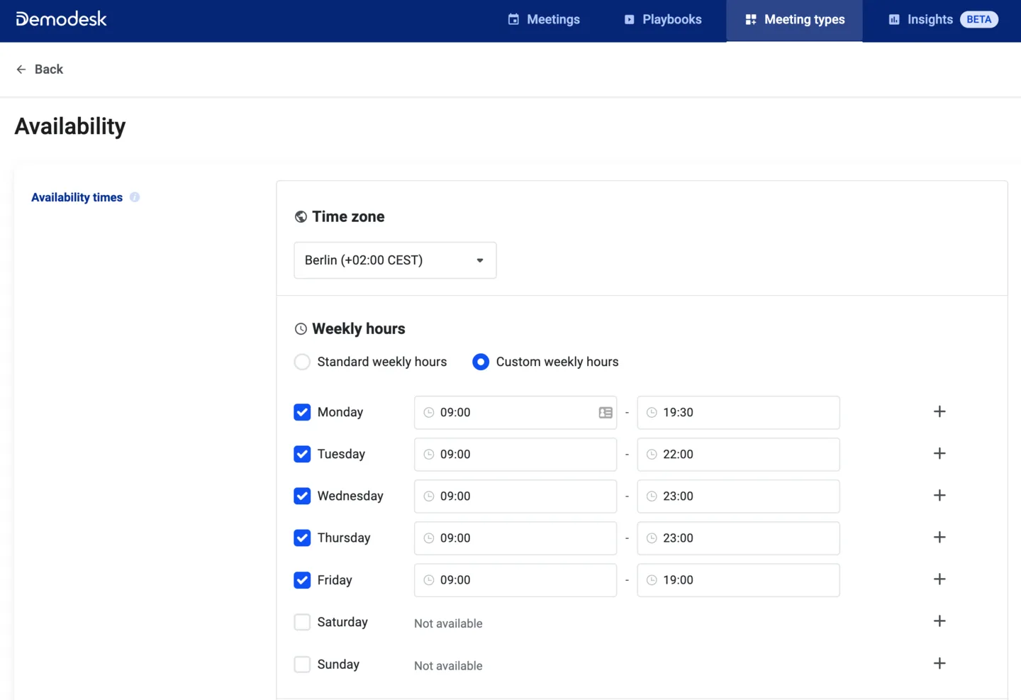 Availability page with custom weekly hours set for each weekday