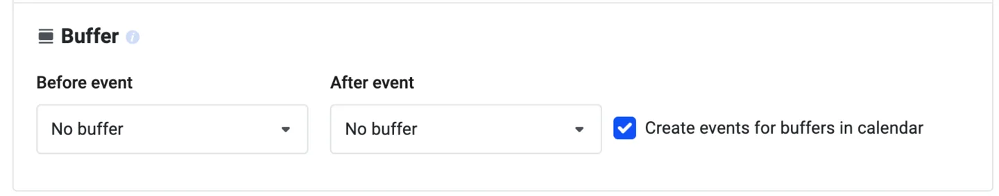 Buffer settings with before and after event dropdowns set to no buffer
