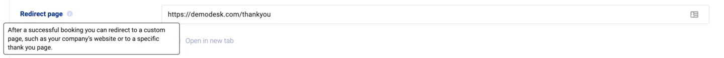 Redirect page field set to a custom thank-you URL with an explanatory tooltip