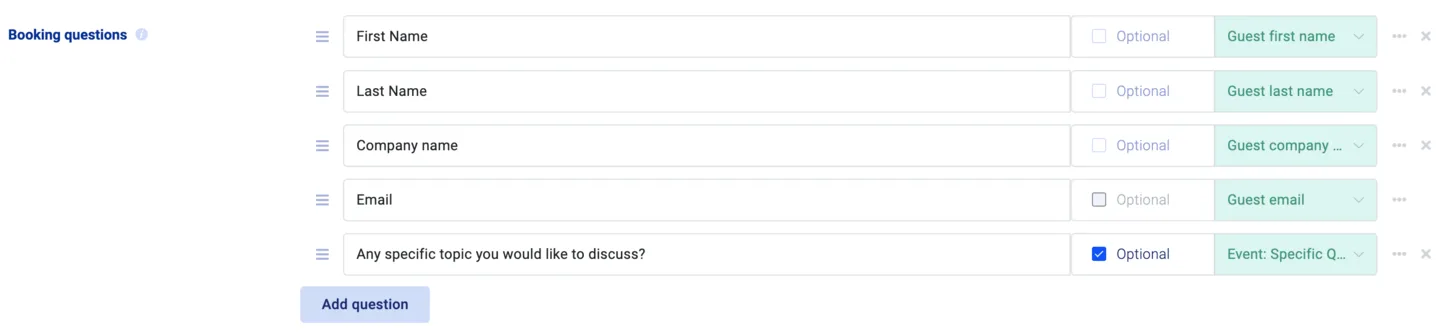 Booking questions list with First Name, Last Name, Company name and Email fields