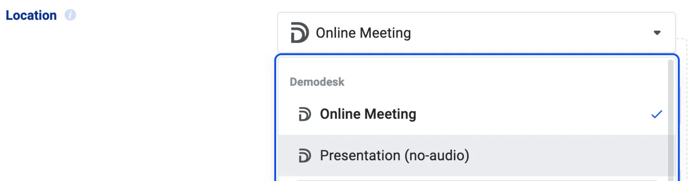 Location dropdown open with Online Meeting and Presentation (no-audio) options