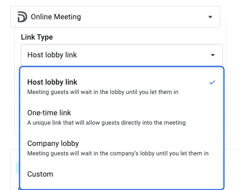 Link Type dropdown open with Host lobby link selected among the link options