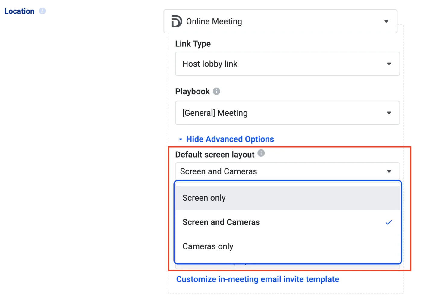 Advanced options with the Default screen layout dropdown open, Screen and Cameras selected