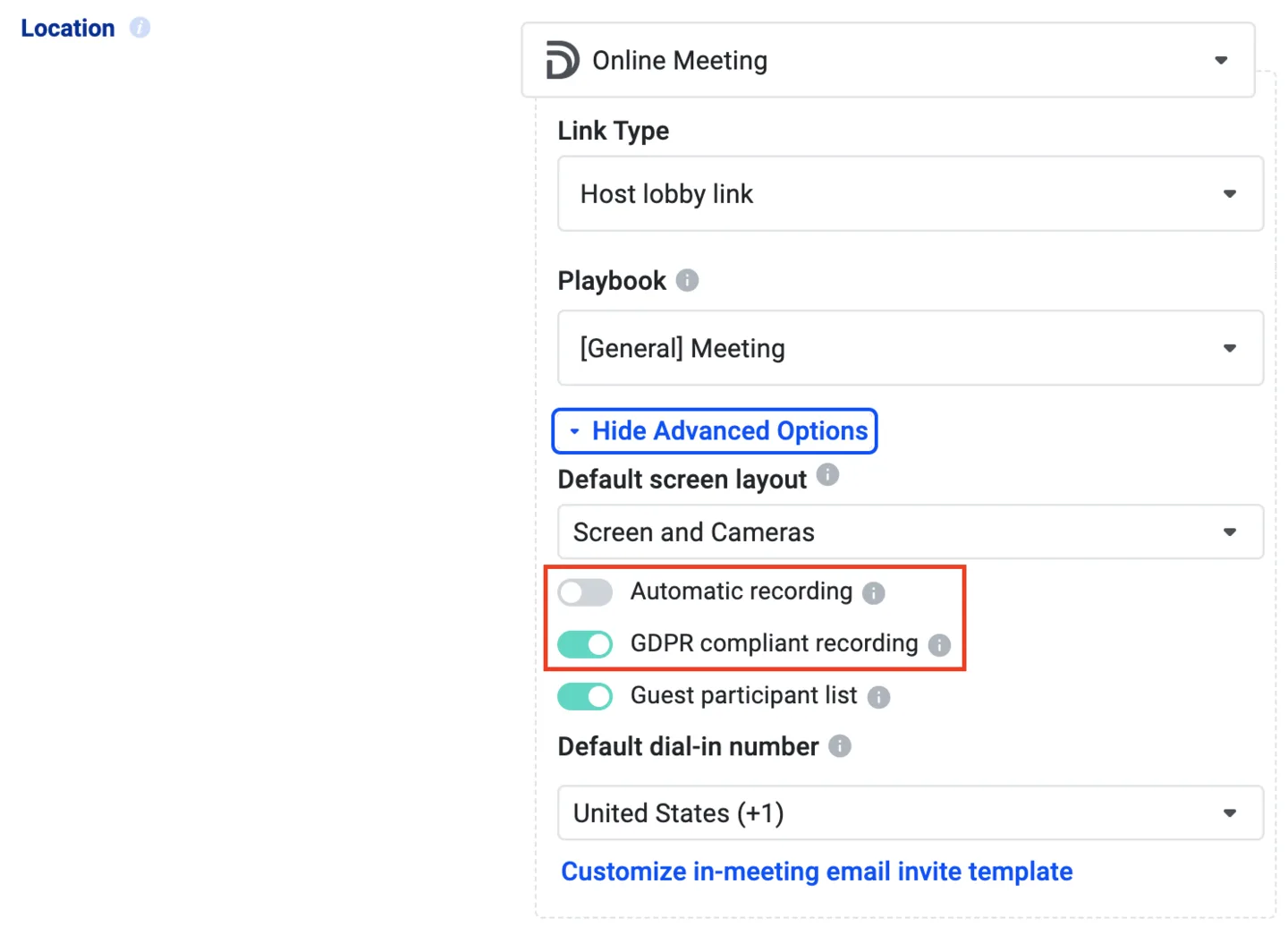 Advanced options showing Automatic recording off and GDPR compliant recording on