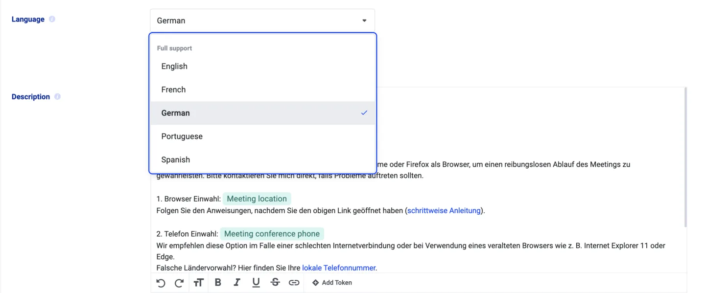 Language dropdown open with German selected among the fully supported languages