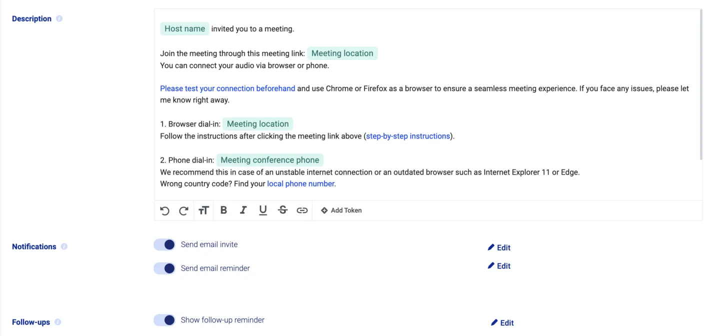 Description editor with meeting tokens and the email invite and reminder toggles on