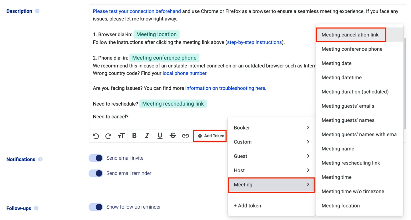 Add Token menu open with Meeting cancellation link highlighted under Meeting tokens
