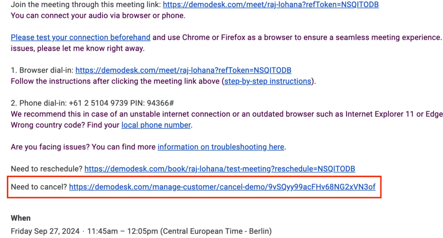 Confirmation email with the Need to cancel link highlighted