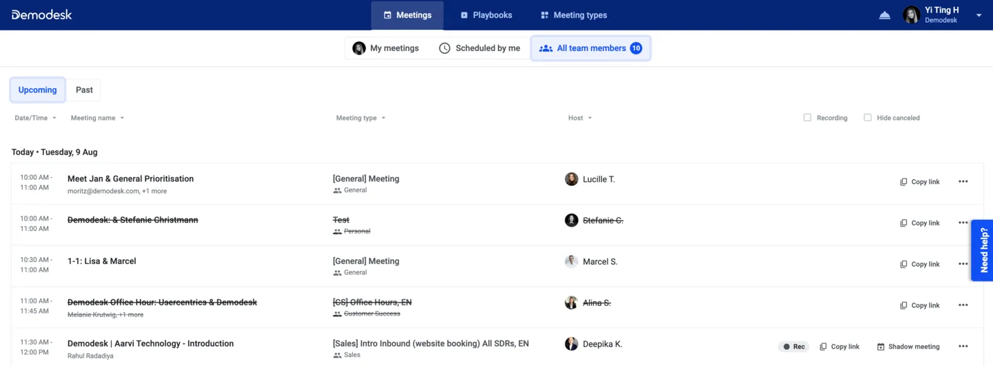 Upcoming meetings list filtered to All team members, showing host and meeting details per row