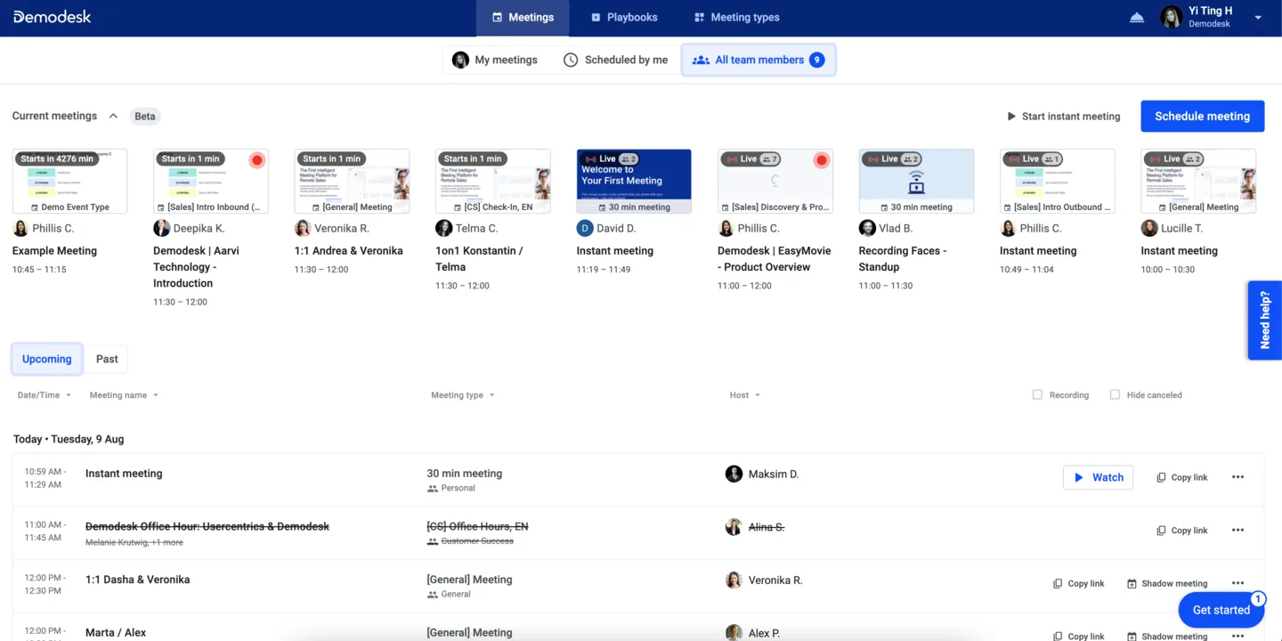 All team members tab with live meeting tiles and a list showing Watch and Shadow meeting actions