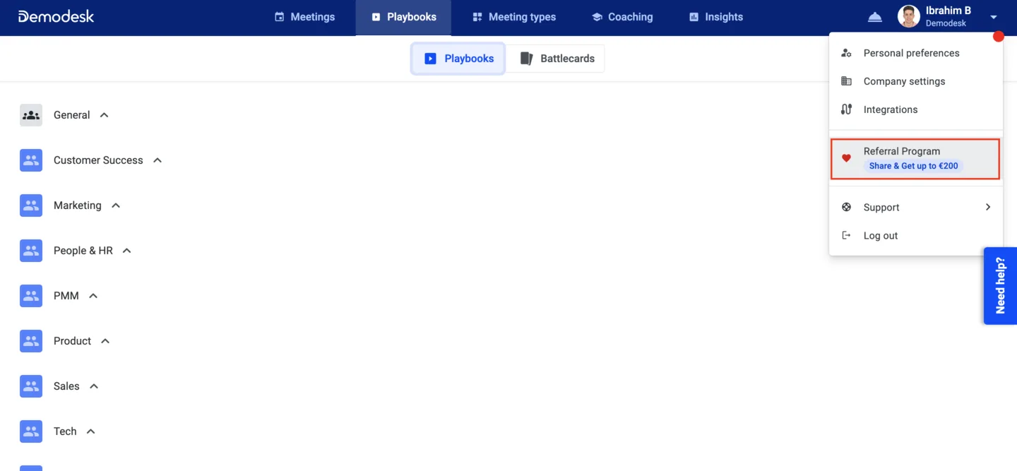 Account menu open with the Referral Program option highlighted, offering up to €200