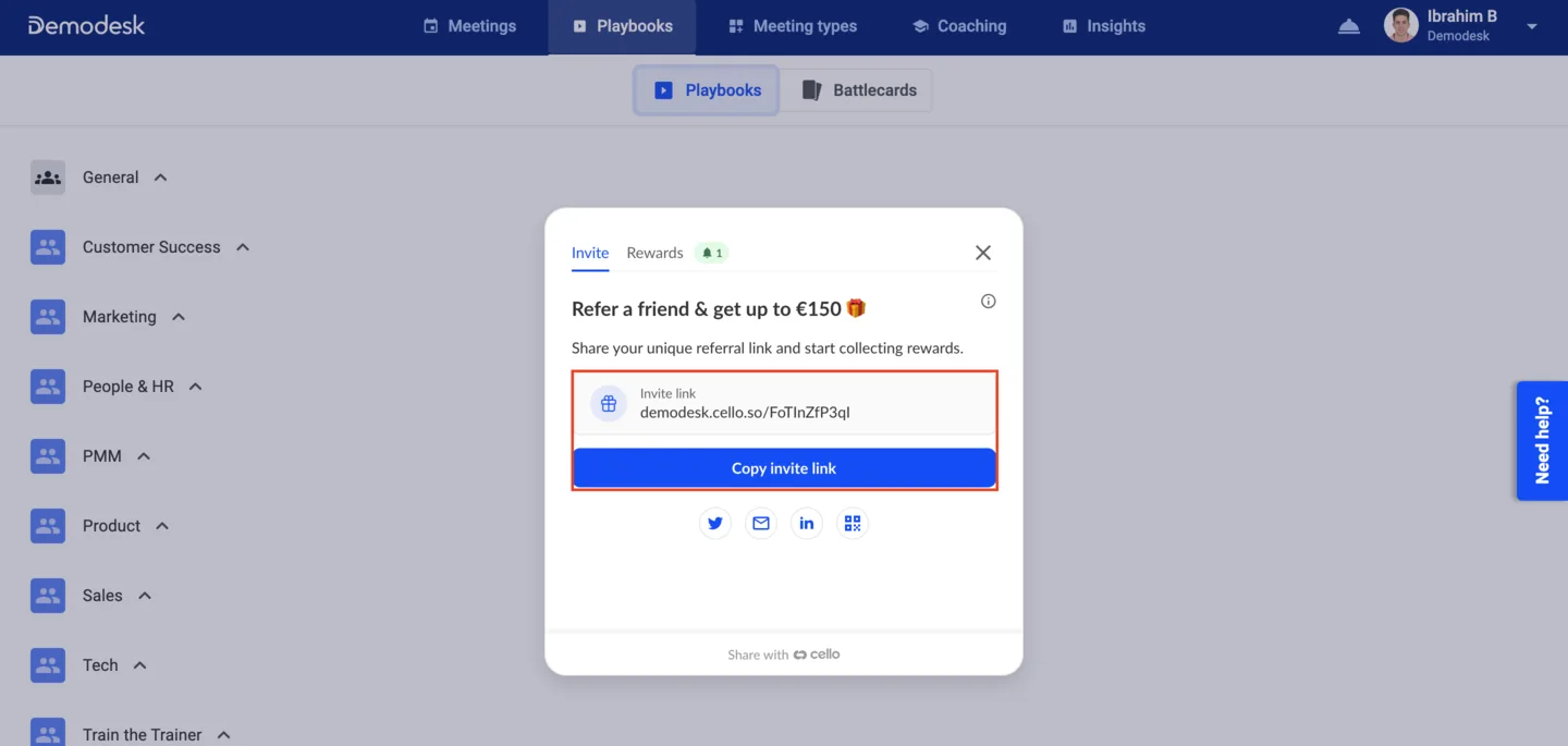 Referral program invite panel with the unique invite link and Copy invite link button highlighted