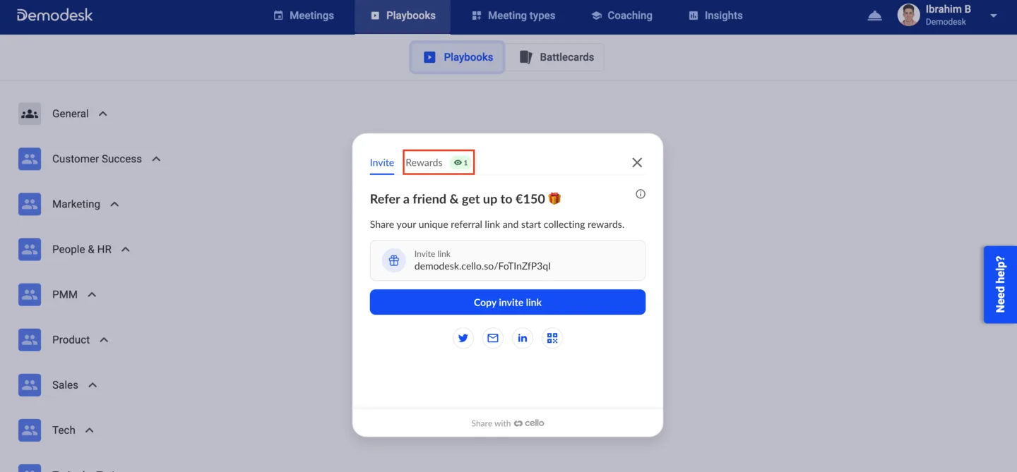 Referral program panel with the Rewards tab highlighted next to the Invite tab