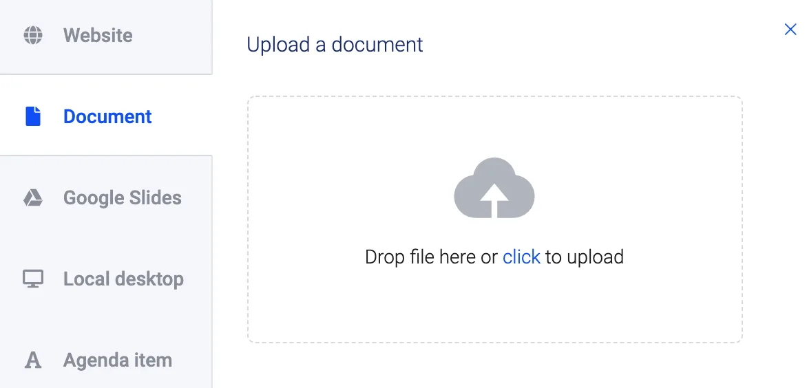 Upload-Dialog mit Drag-and-drop-Fläche zum Hochladen einer Datei neben Reitern wie Website und Google Slides