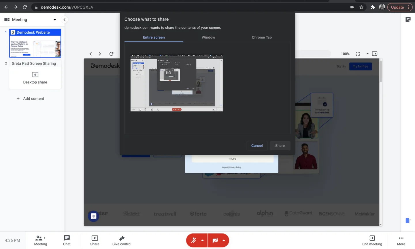 Browser Choose what to share dialog with the Entire screen tab selected during a Demodesk meeting