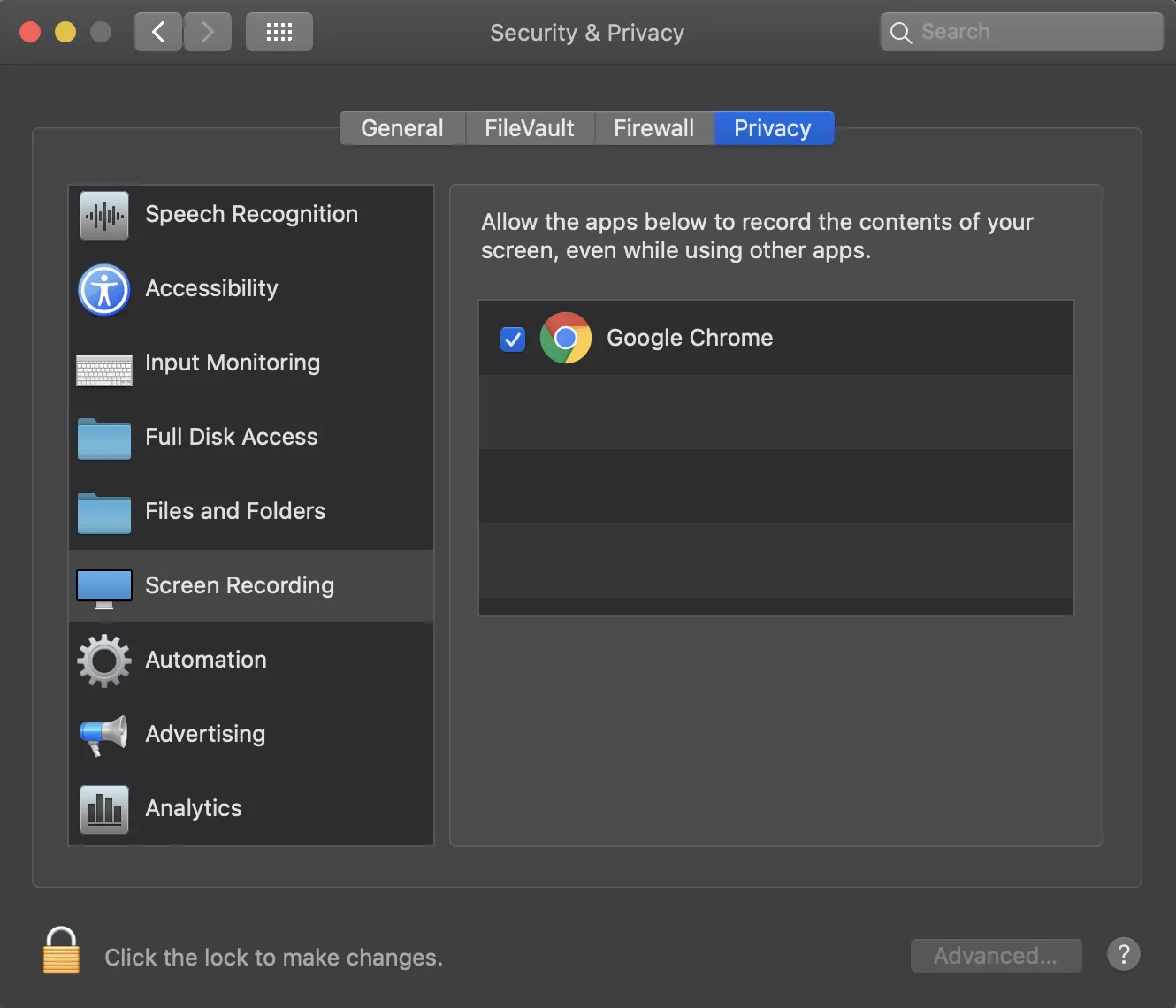 macOS Security and Privacy settings on the Screen Recording tab with Google Chrome checked